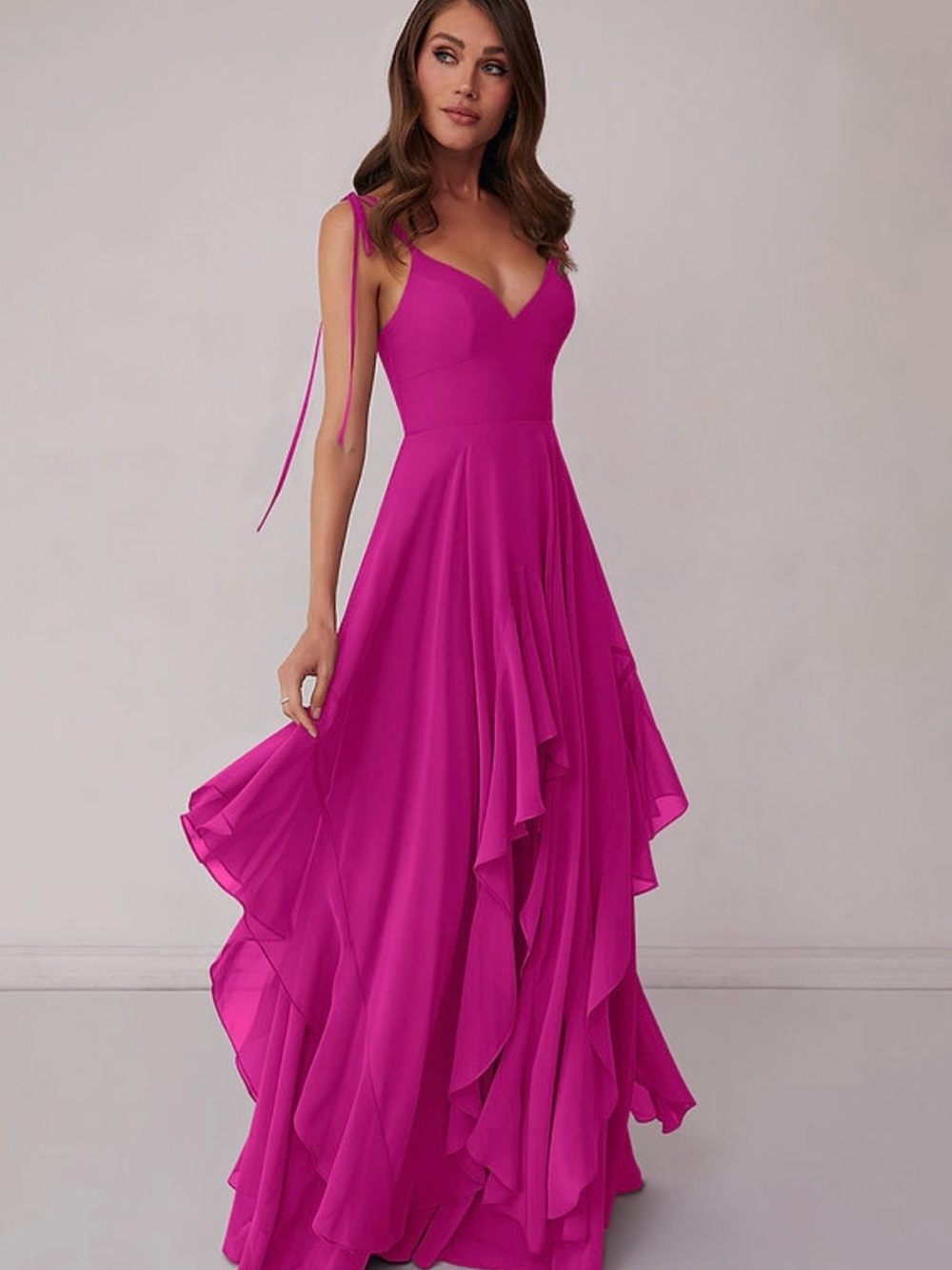 Azazie Magenta Ruffle Strap Maxi Dress